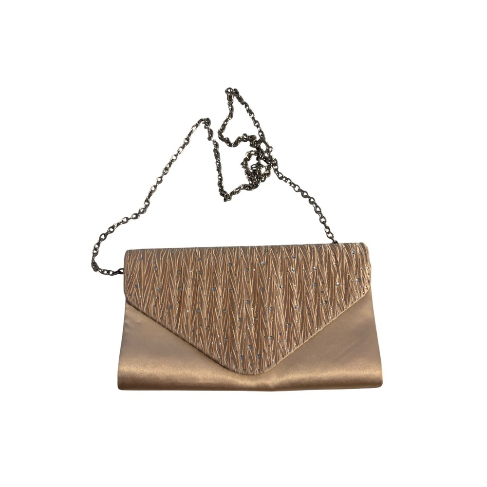 Champagne Satin Pleated Rhinestone Evening Clutch Bag with Chain Strap Womens